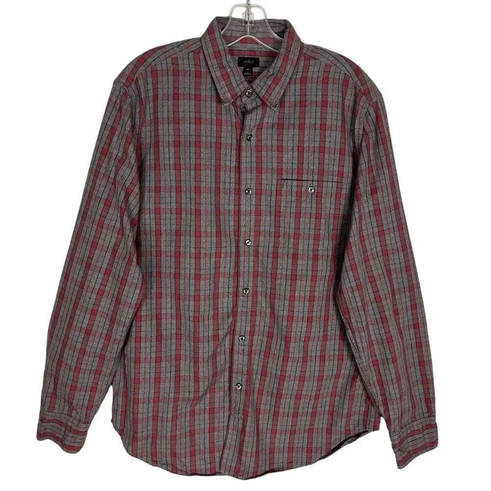 J.Crew Mens Shirt Size M Grey Red Plaid Long Sleeve‎ Button 100% Cotton